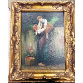 Картина "Дама с ребенком, забор" 19 век, живопись 365